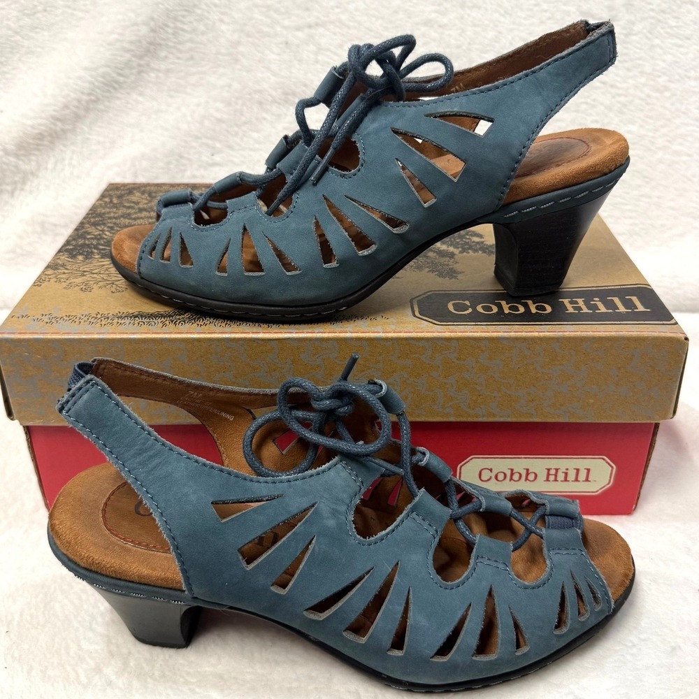Cobb‎ Hill 7M Sasha Lace Up Cutout Heel Dusty Blue Boho Comfort Leather Sexy